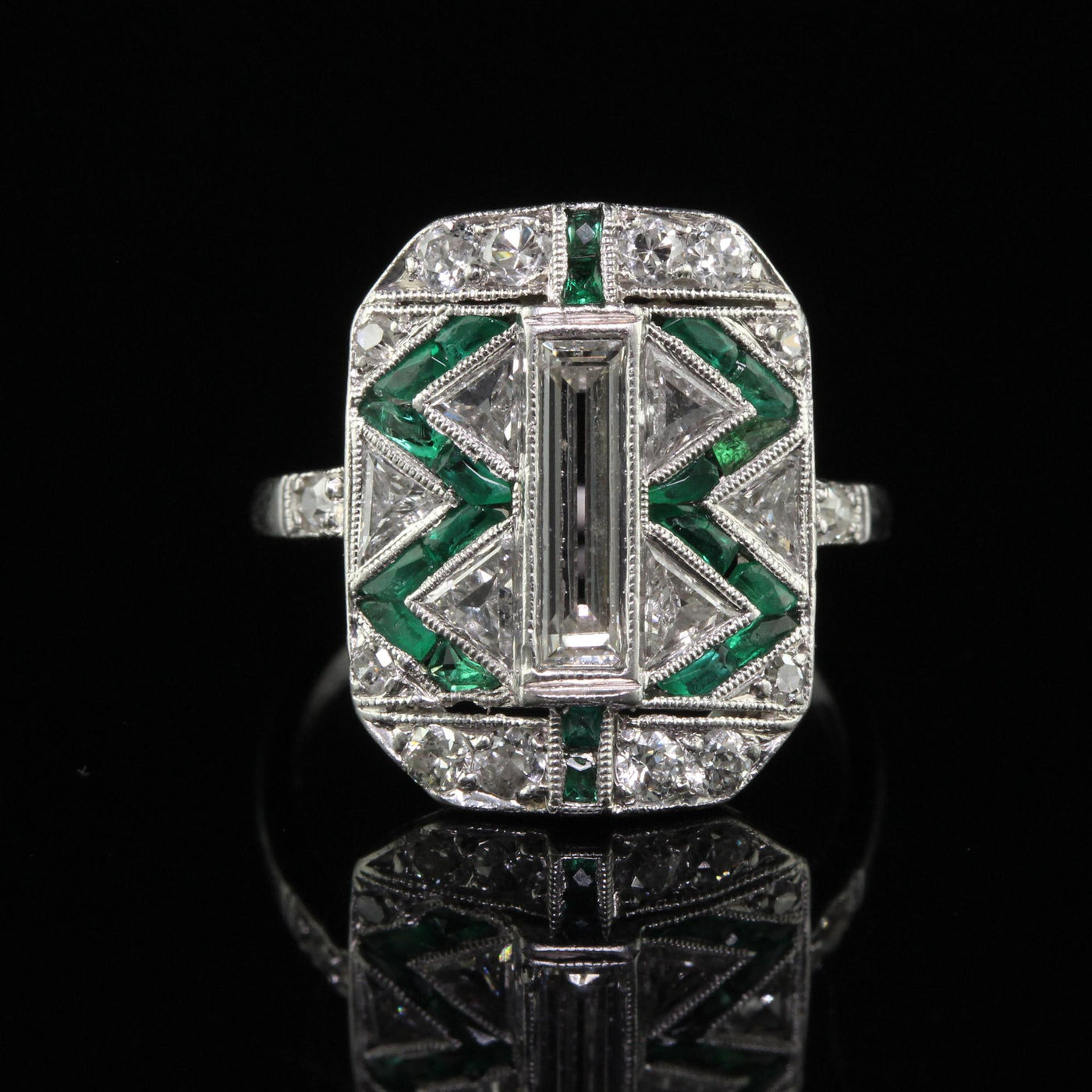 Antique Art Deco Cartier Old Baguette Diamond and Emerald Cocktail Ring