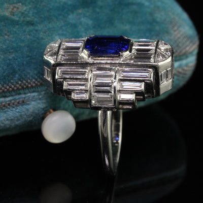 Vintage Retro Platinum Baguette Diamond and Sapphire Cocktail Ring - GIA