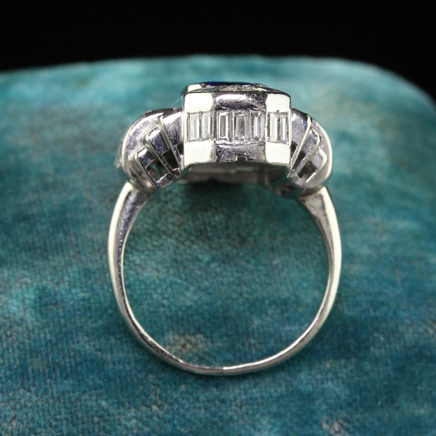 Vintage Retro Platinum Baguette Diamond and Sapphire Cocktail Ring - GIA