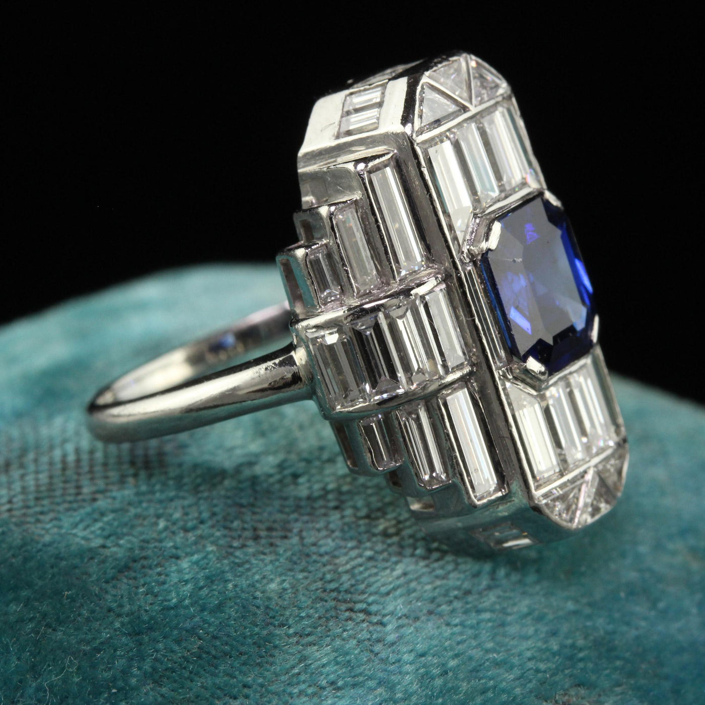 Vintage Retro Platinum Baguette Diamond and Sapphire Cocktail Ring - GIA