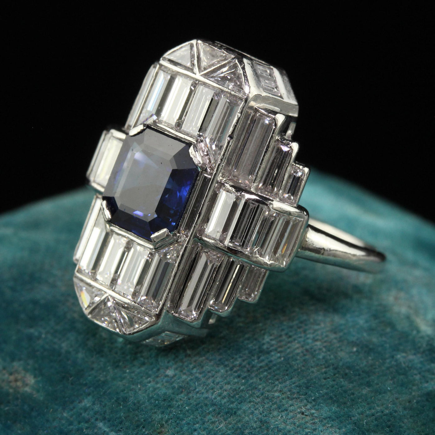 Vintage Retro Platinum Baguette Diamond and Sapphire Cocktail Ring - GIA