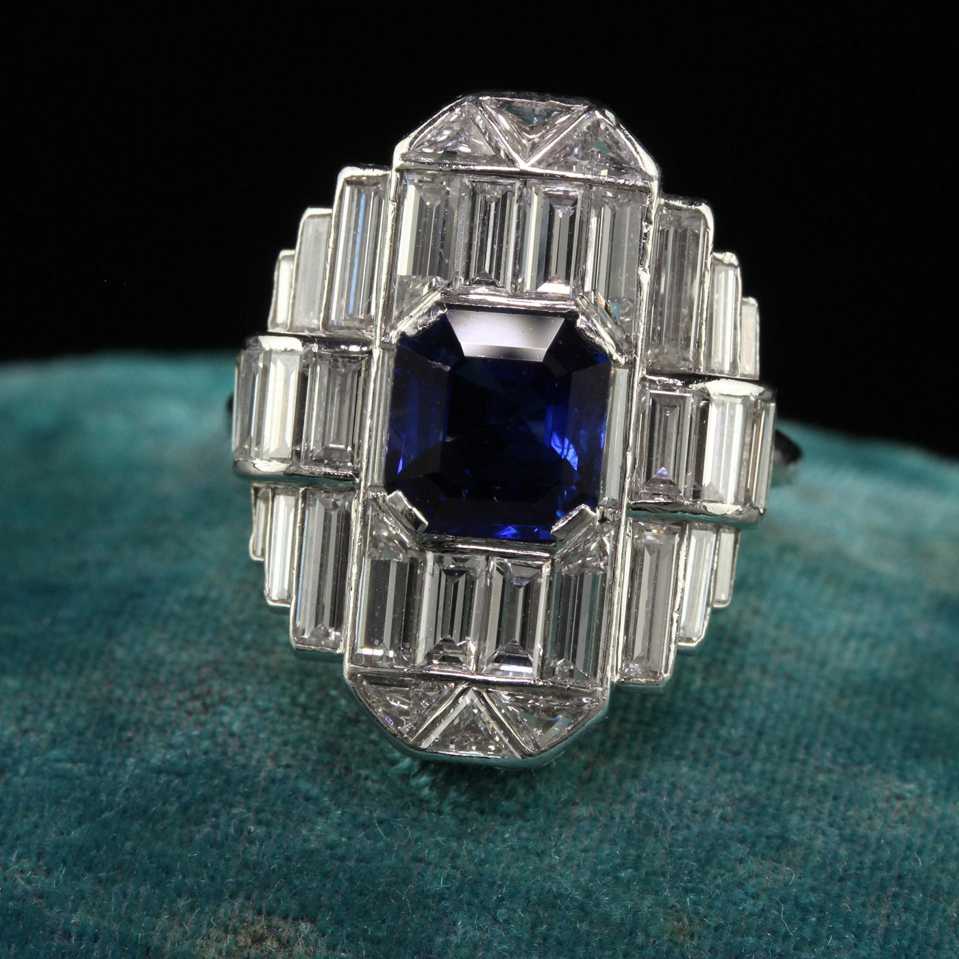 Vintage Retro Platinum Baguette Diamond and Sapphire Cocktail Ring - GIA