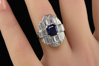 Vintage Retro Platinum Baguette Diamond and Sapphire Cocktail Ring - GIA