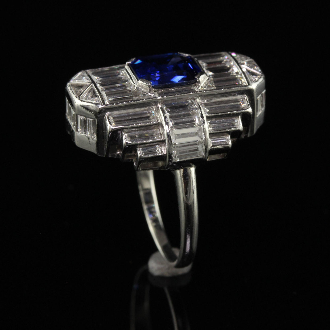 Vintage Retro Platinum Baguette Diamond and Sapphire Cocktail Ring - GIA