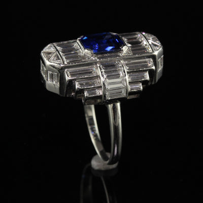 Vintage Retro Platinum Baguette Diamond and Sapphire Cocktail Ring - GIA