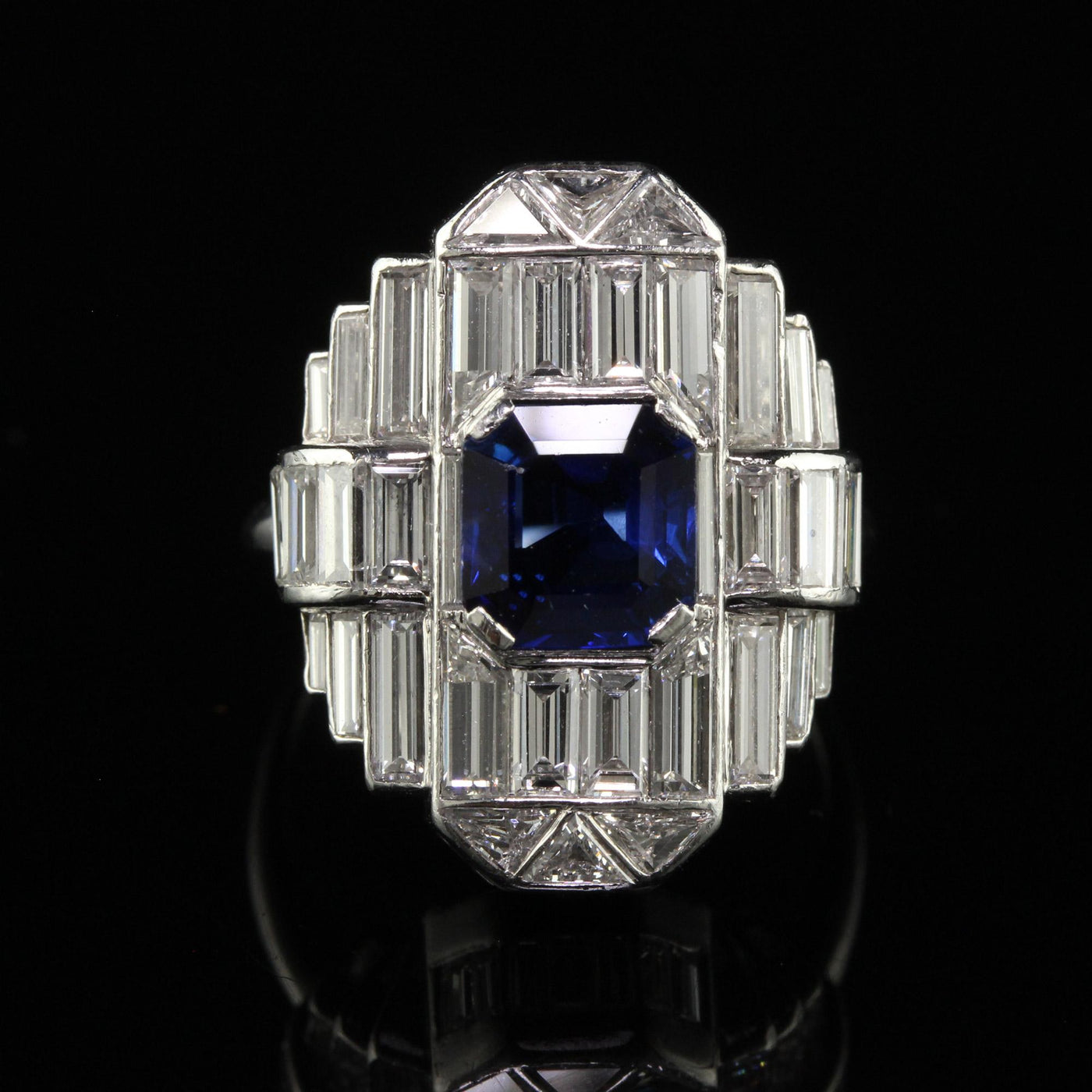 Vintage Retro Platinum Baguette Diamond and Sapphire Cocktail Ring - GIA