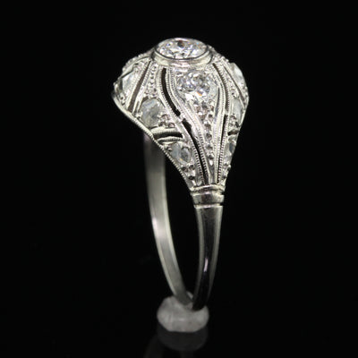 Antique Art Deco Platinum Old European Diamond Filigree Engagement Ring