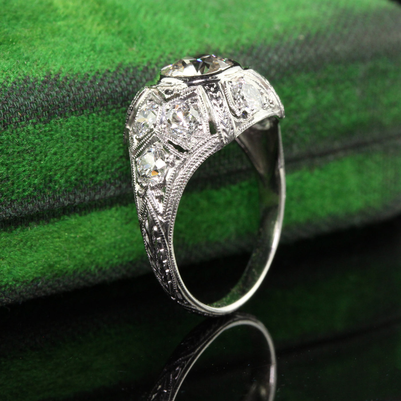 Antique Art Deco Platinum Old European Diamond Engraved Engagement Ring