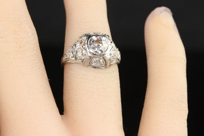 Antique Art Deco Platinum Old European Diamond Engraved Engagement Ring