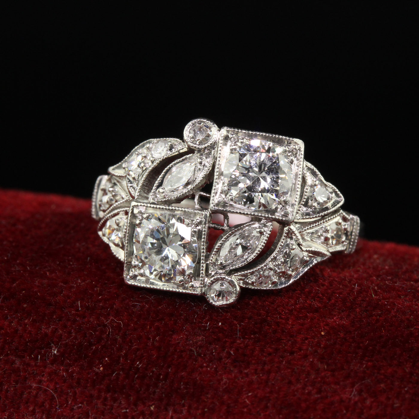 Antique Art Deco Platinum Old European Diamond Filigree Toi et Moi Floral Ring