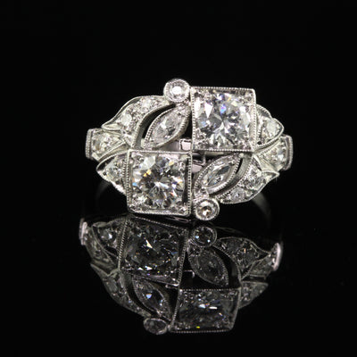 Antique Art Deco Platinum Old European Diamond Filigree Toi et Moi Floral Ring