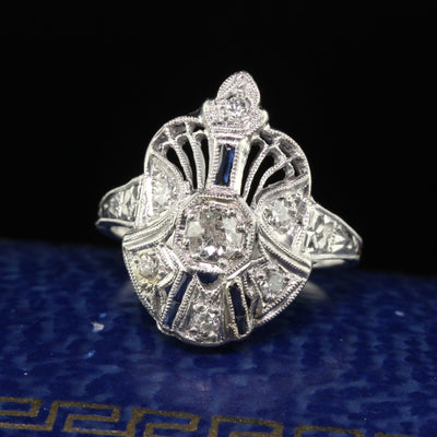 Antique Art Deco Platinum Old European Cut Diamond and Sapphire Cocktail Ring