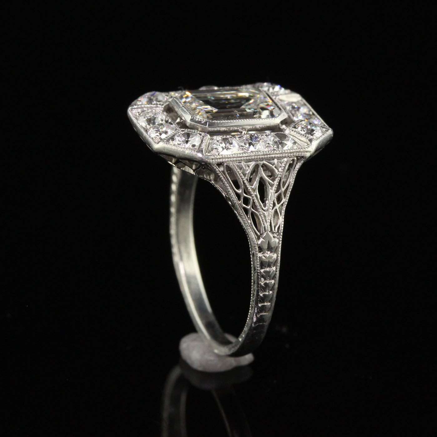 Antique Art Deco Emerald Cut Diamond Filigree Engagement Ring - GIA