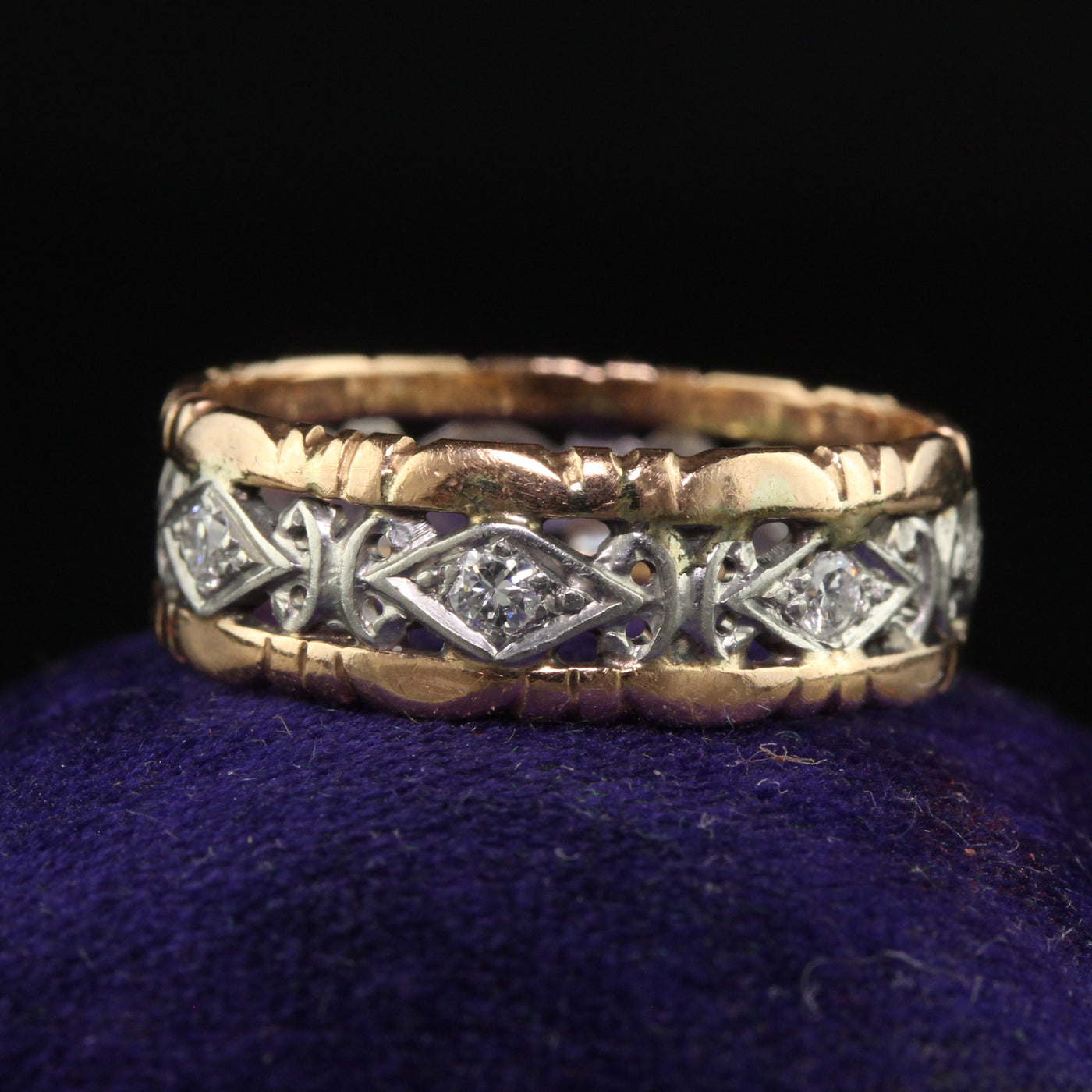 Antique Art Deco 14K Gold Platinum Old Cut Diamond Floral Wide Wedding Band - Size 6