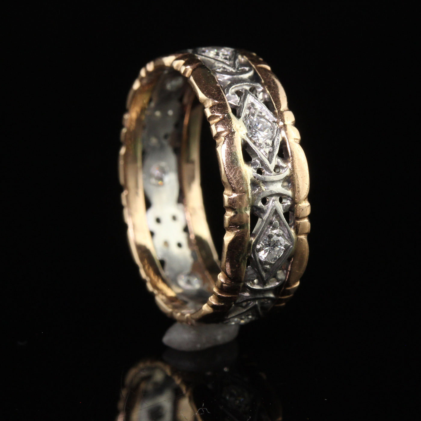 Antique Art Deco 14K Gold Platinum Old Cut Diamond Floral Wide Wedding Band - Size 6