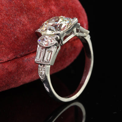 Antique Art Deco Platinum Old European Diamond Marquise Baguette Engagement Ring - GIA