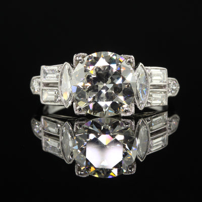 Antique Art Deco Platinum Old European Diamond Marquise Baguette Engagement Ring - GIA