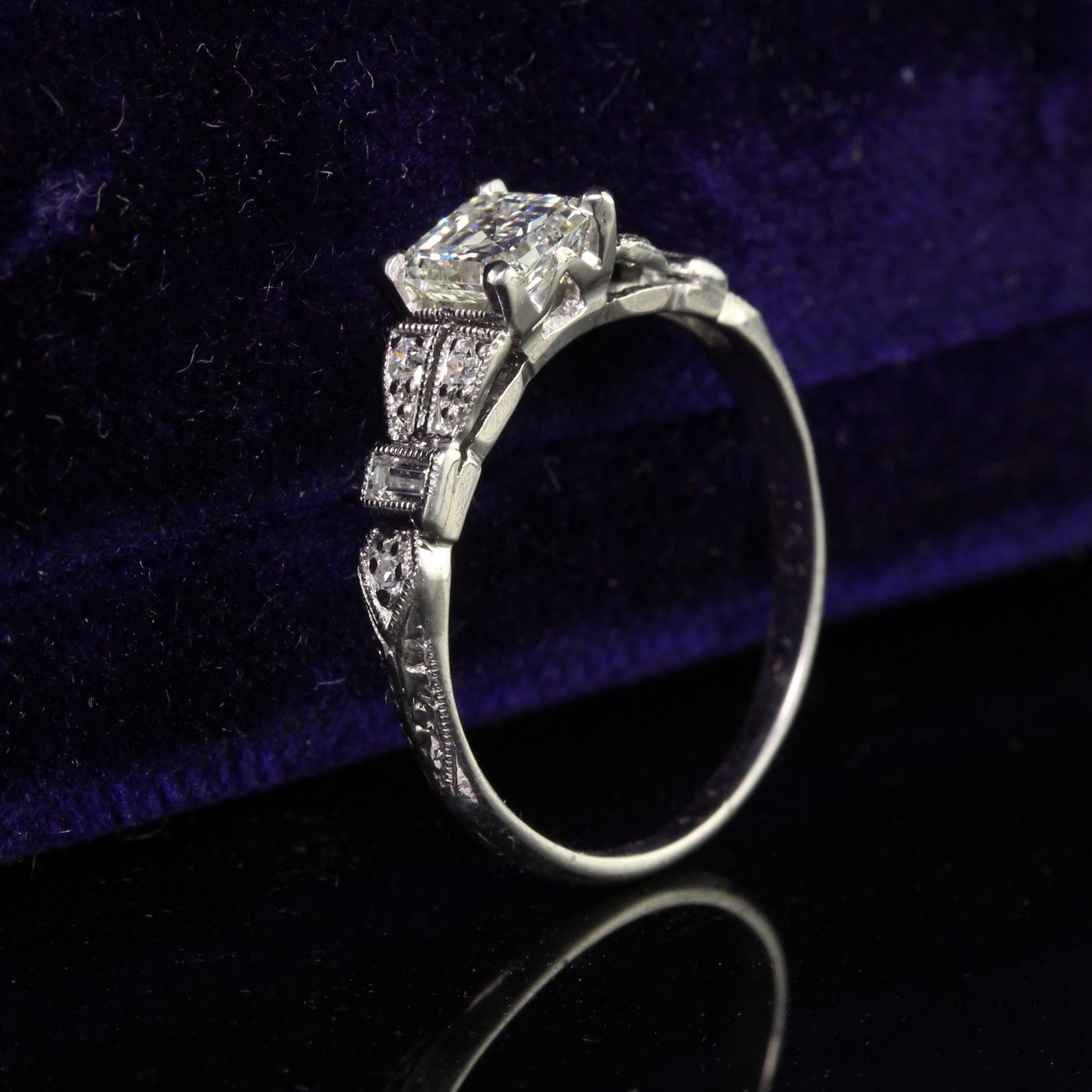 Antique Art Deco Platinum Old Asscher Cut Diamond Baguette Engagement Ring