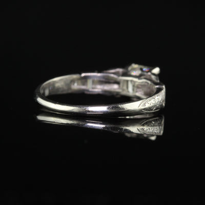 Antique Art Deco Platinum Old Asscher Cut Diamond Baguette Engagement Ring