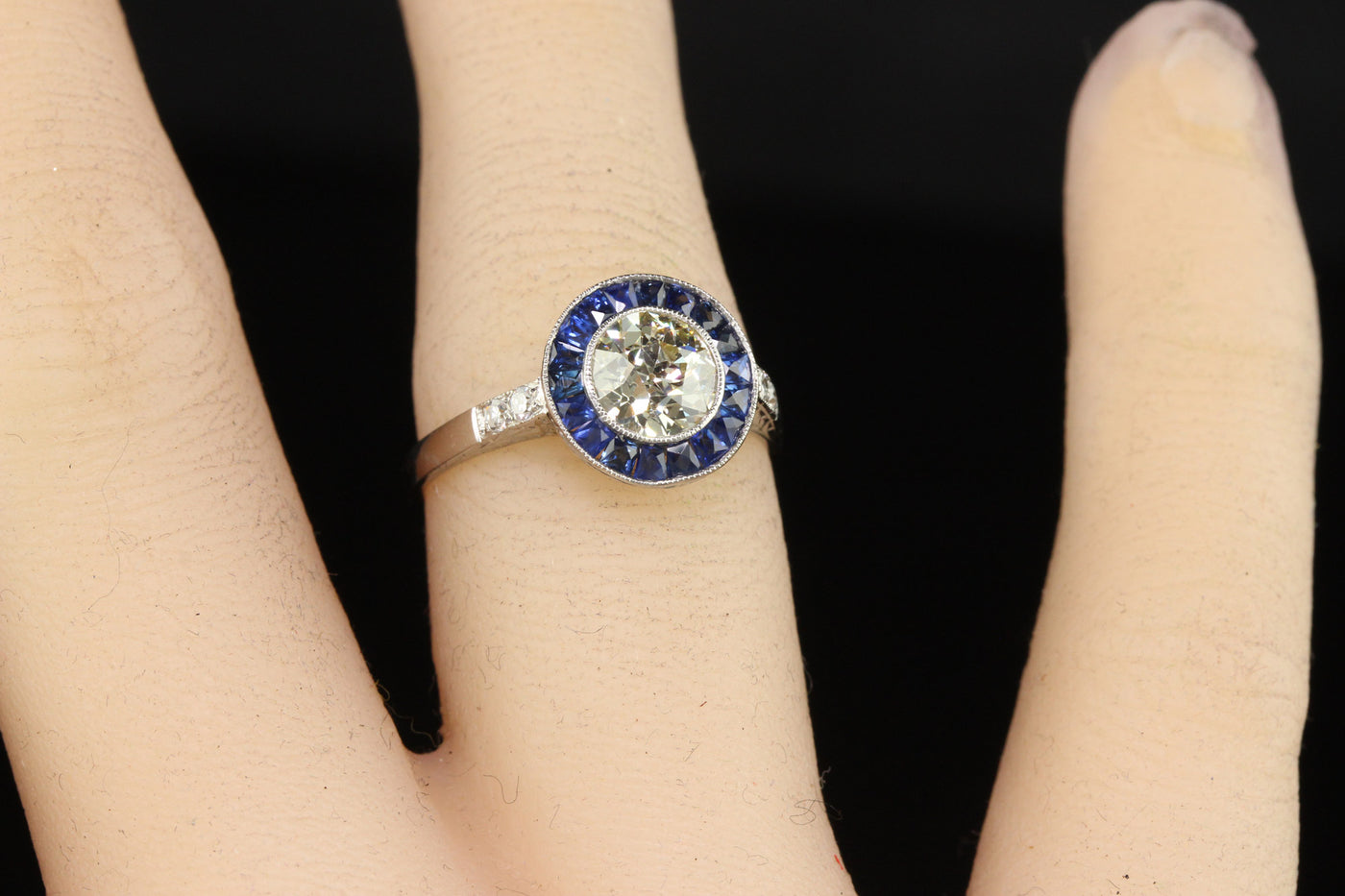 Vintage Art Deco Style Platinum Old European Diamond and Sapphire Halo Engagement Ring - GIA