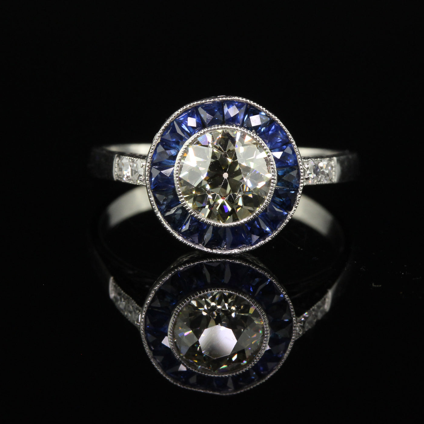 Vintage Art Deco Style Platinum Old European Diamond and Sapphire Halo Engagement Ring - GIA