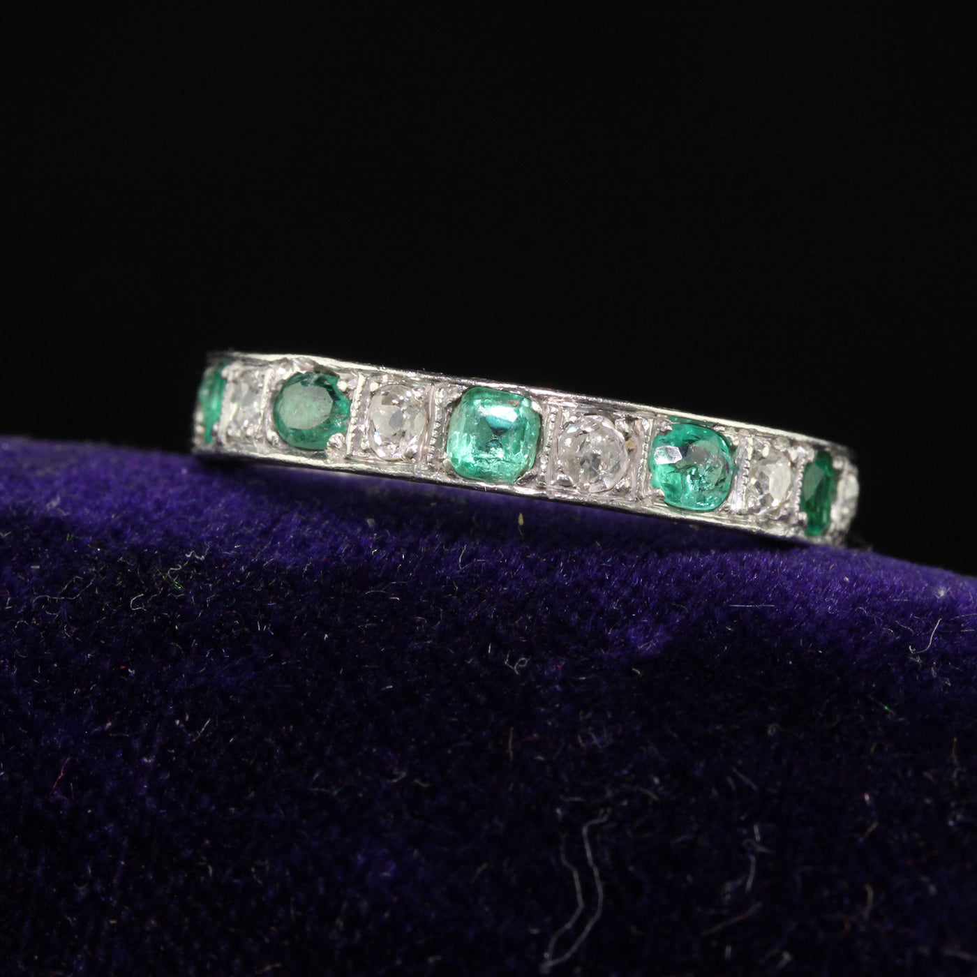 Antique Art Deco Platinum Rose Cut Diamond and Emerald Eternity Wedding Band