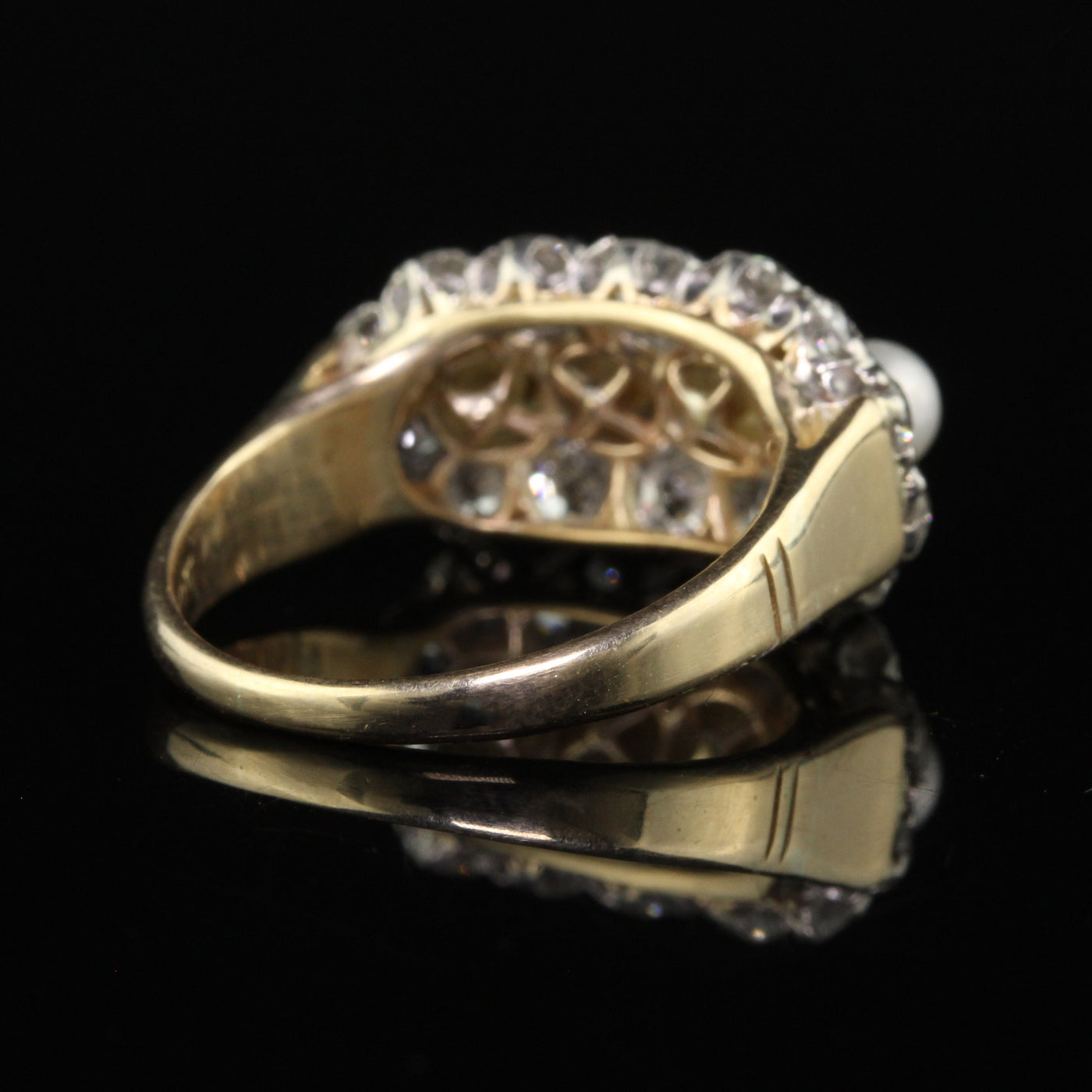 Antique Art Deco 14K Gold and Platinum Old Euro Diamond and Pearl Cocktail Ring