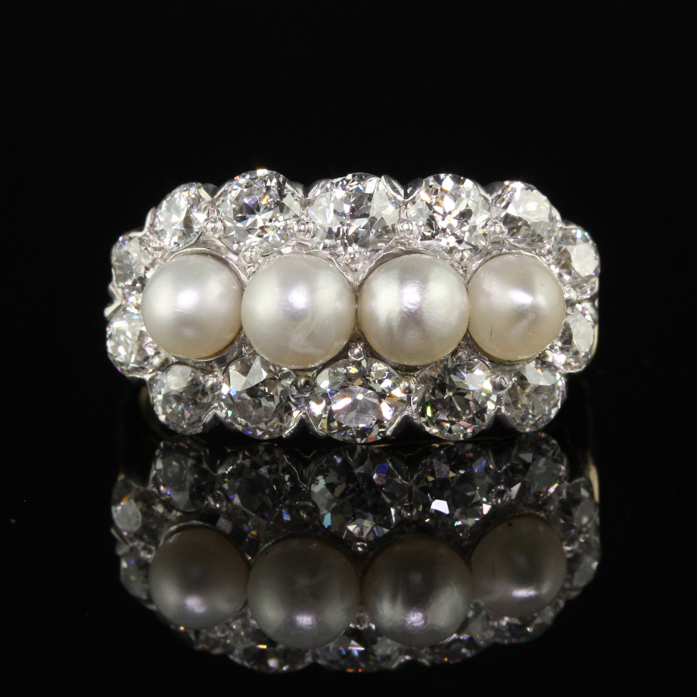 Antique Art Deco 14K Gold and Platinum Old Euro Diamond and Pearl Cocktail Ring