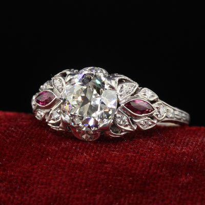 Antique Art Deco Platinum Old European Diamond and Ruby Engagement Ring - GIA