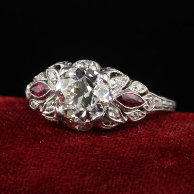 Antique Art Deco Platinum Old European Diamond and Ruby Engagement Ring - GIA