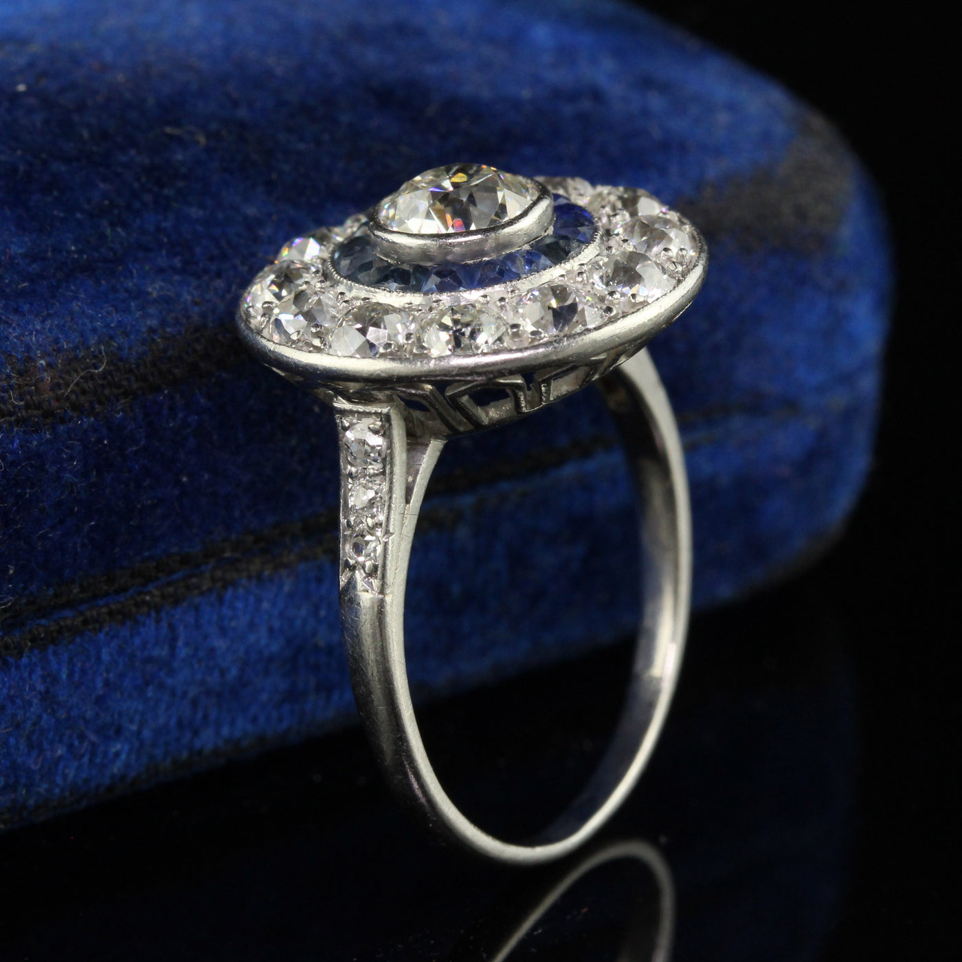 Antique Art Deco Platinum Old European Diamond and Sapphire Target Engagement Ring