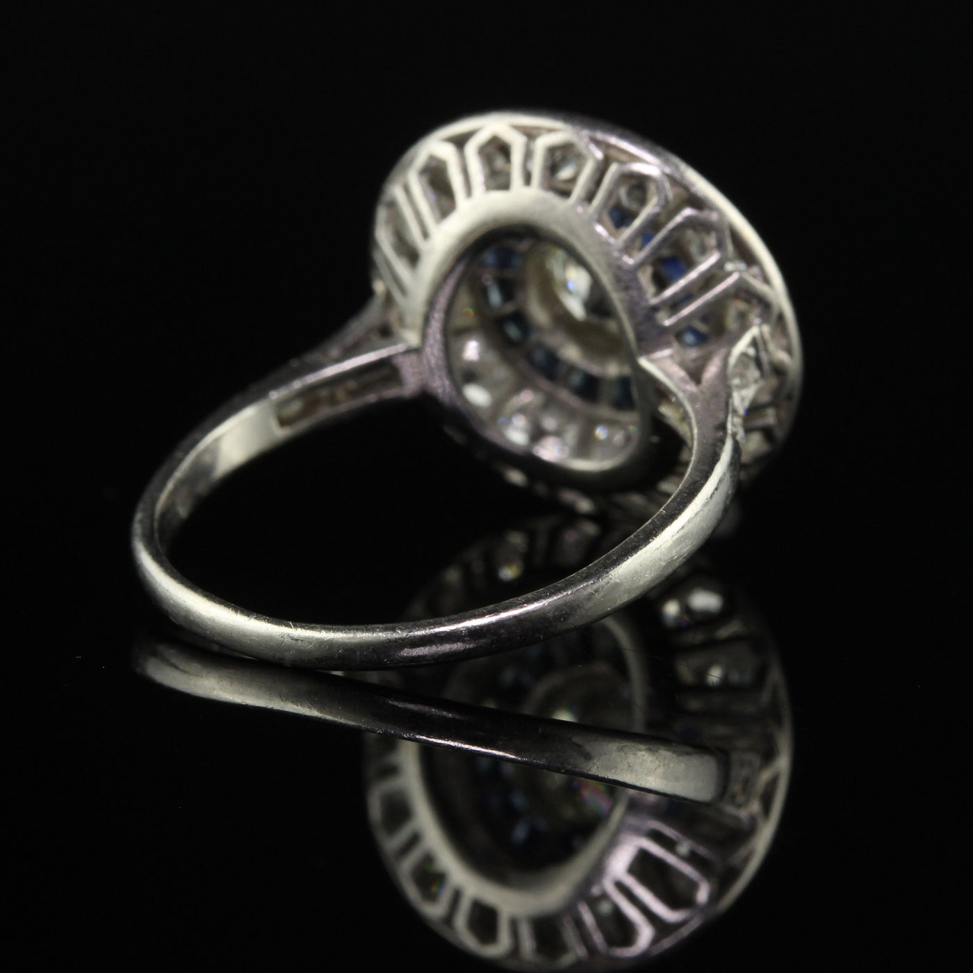 Antique Art Deco Platinum Old European Diamond and Sapphire Target Engagement Ring