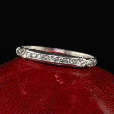 Antique Art Deco Platinum Single Cut Diamond Engraved Wedding Band - Size 6