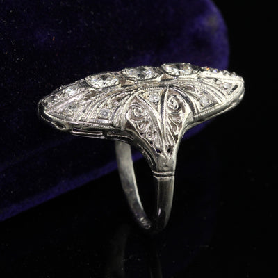 Antique Art Deco 14K White Gold Old Cut Diamond Filigree Shield Ring