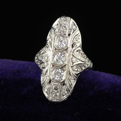 Antique Art Deco 14K White Gold Old Cut Diamond Filigree Shield Ring