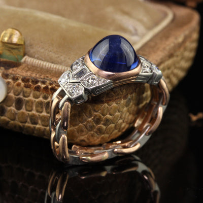 Antique Art Deco 18K Gold Platinum Kashmir Sapphire Diamond Flexible Ring - AGL/SSEF/GIA