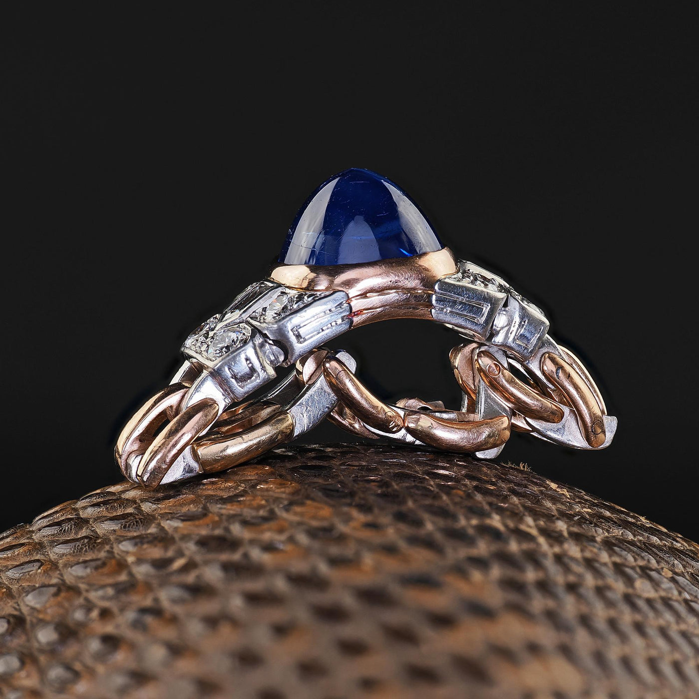 Antique Art Deco 18K Gold Platinum Kashmir Sapphire Diamond Flexible Ring - AGL