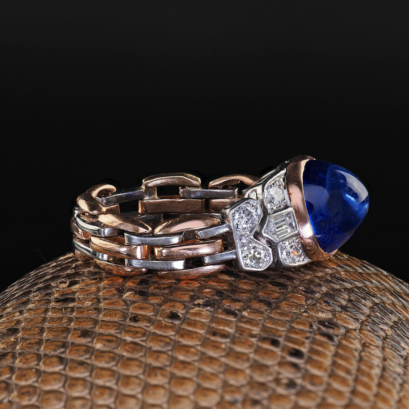 Antique Art Deco 18K Gold Platinum Kashmir Sapphire Diamond Flexible Ring - AGL