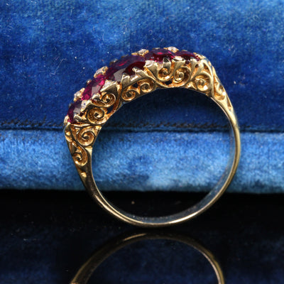 Antique Victorian 18K Yellow Gold Natural Ruby and Diamond Five Stone Band - GIA