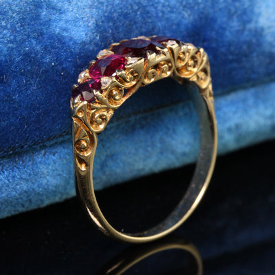Antique Victorian 18K Yellow Gold Natural Ruby and Diamond Five Stone Band - GIA