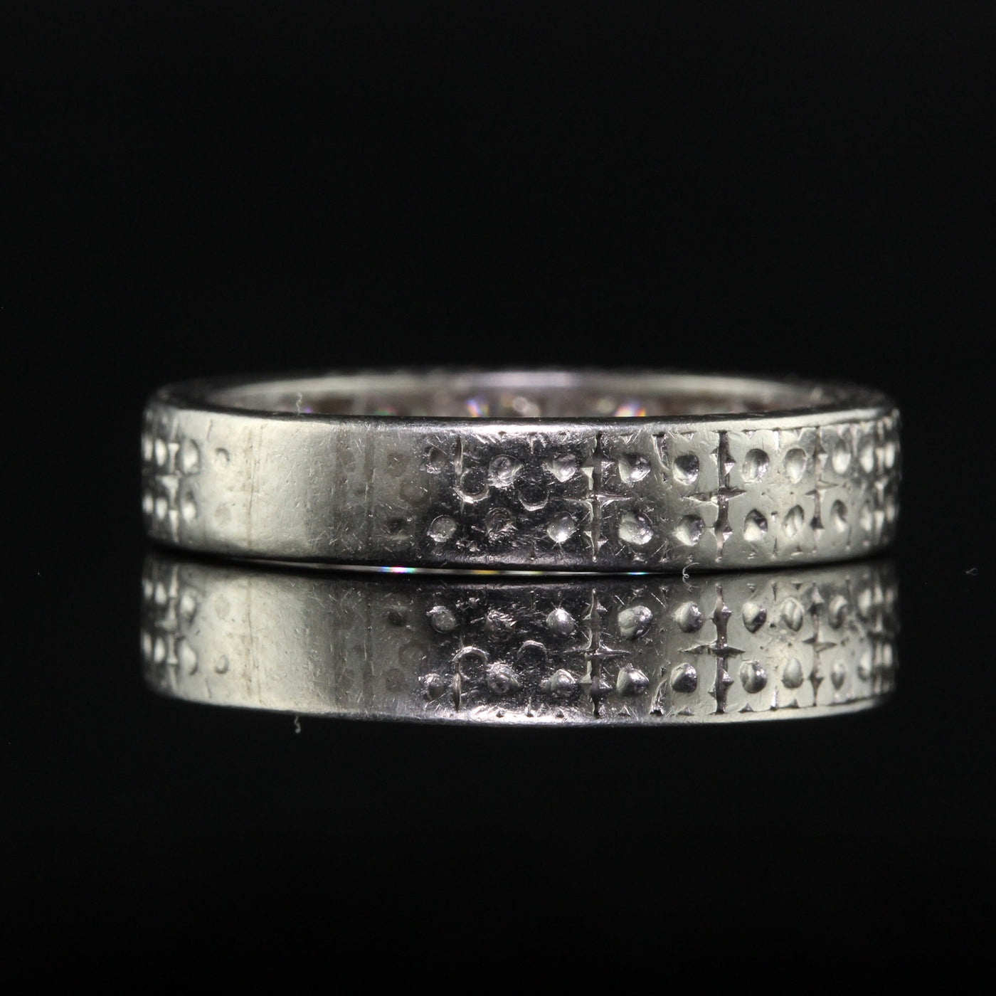 Antique Art Deco Platinum Old European Cut Seven Diamond Engraved Band