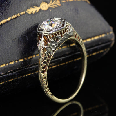 Antique Art Deco 14K Yellow Gold Filigree Old Euro Diamond Engagement Ring - GIA