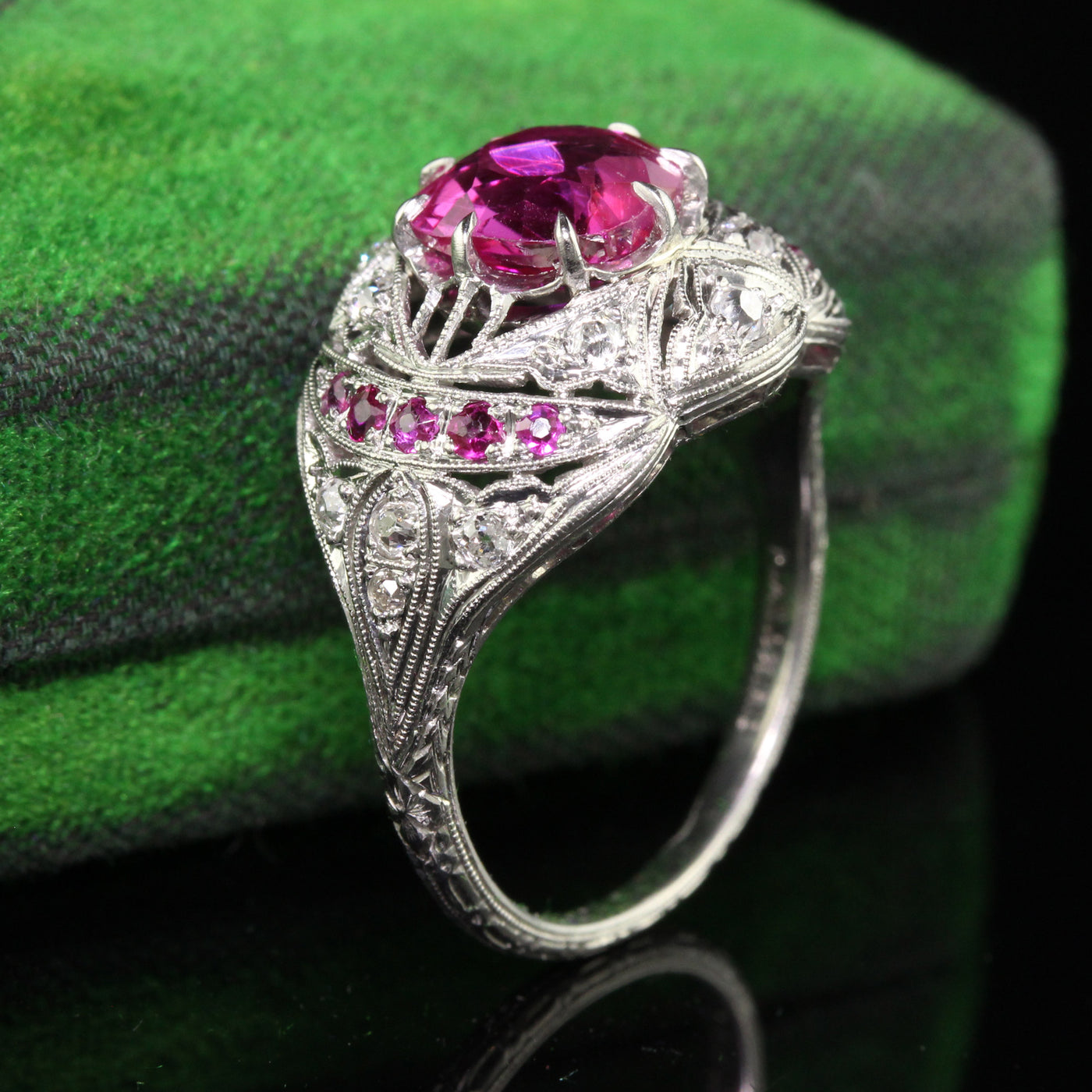 Antique Art Deco Platinum Burma Pink Sapphire and Diamond Filigree