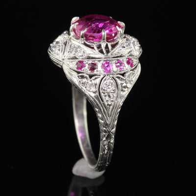 Antique Art Deco Platinum Burma Pink Sapphire and Diamond Filigree Engagement Ring - GIA
