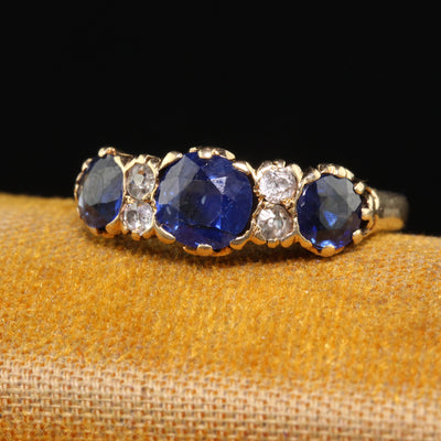 Antique Victorian 14K Yellow Gold Natural Sapphire and Diamond Three Stone Band - Size 4 3/4