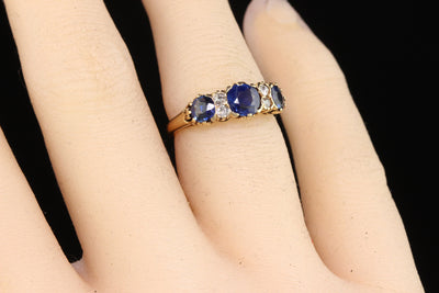 Antique Victorian 14K Yellow Gold Natural Sapphire and Diamond Three Stone Band - Size 4 3/4