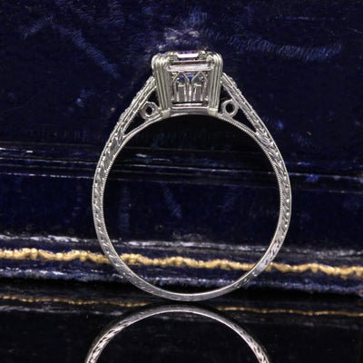Antique Art Deco Platinum Old Asscher Cut Diamond Filigree Engagement Ring - GIA
