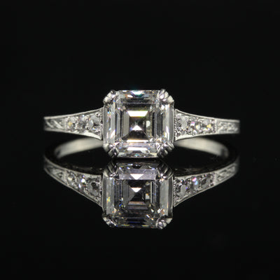 Antique Art Deco Platinum Old Asscher Cut Diamond Filigree Engagement Ring - GIA
