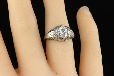 Antique Art Deco Platinum Old Marquise Cut Diamond Engagement Ring - GIA