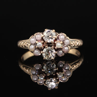 Antique Victorian 10K Yellow Gold Old Euro Diamond and Pearl Toi et Moi Ring
